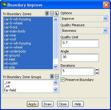 Improving Quality (Use Global Method) Boundary Mesh Improve In the Boundary Improve dialog box, select all the zones under Tri Boundary Zones.