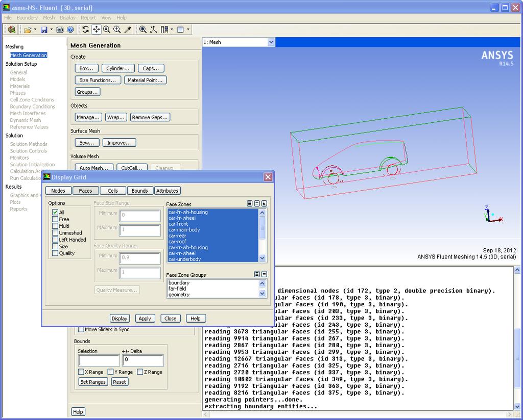 Read and display the mesh File Read Mesh... Select the mesh file WS1_asmo- NS-for-repair.msh.gz and click Open. Display the mesh Display Grid.