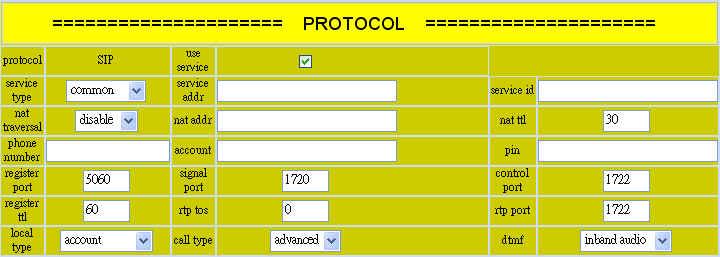 6.2. Protocol Field protocol use service service type service addr Protocol Description IPF-2000 supports H.323,SIP,MGCP protocols. Select a protocol from the drop down list used by the phone: H.