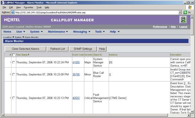 48 Chapter 5 Using CallPilot Manager to monitor hardware Alarms can be cleared from the Alarm Monitor, but the event that generated the alarm is not cleared from the event log or the Event Browser