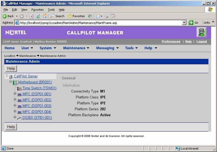 52 Chapter 5 Using CallPilot Manager to monitor hardware Note: The components listed on the Maintenance page are based on the CallPilot server type and the switch that is connected to CallPilot The