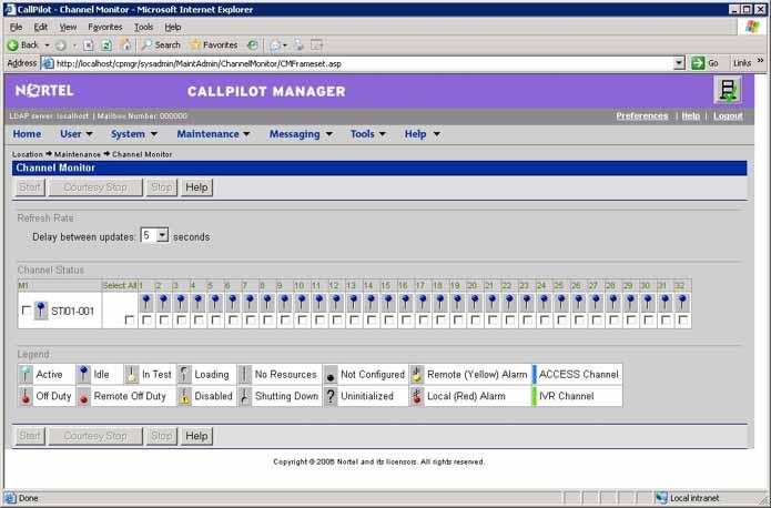 Working with the Channel Monitor 67 Note: For an explanation of the channel states, see the CallPilot Manager online Help 3 Perform one of the following: IF you want to stop or start All channels