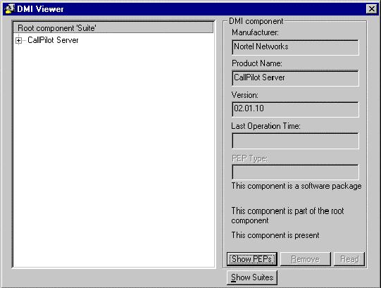 72 Chapter 6 Using CallPilot system utilities To access the PEP Maintenance utility From the Windows desktop, click Start, Programs, CallPilot, System Utilities, PEP Maintenance Utility The DMI