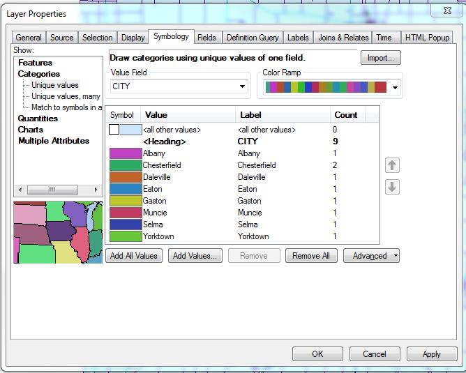 3. On the symbology tab, click categories on the left hand of the window and then choose City for the Value Field and click on Add all Values. Notice the color ramp options. (see below) 4.