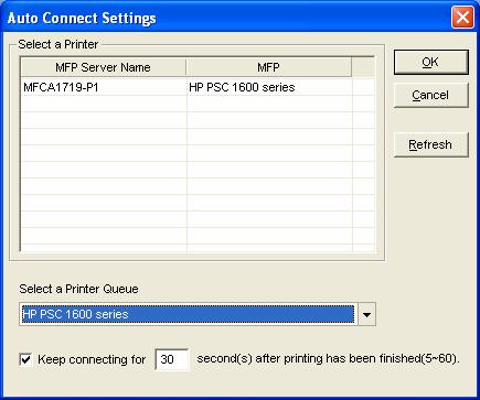 3. Select the MFP that is connected to the selected MFP Server. Click OK. Note that in some cases, new coming printing jobs cannot be printed because the MFP is already disconnected.