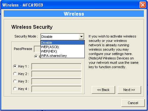 This MFP Server supports WEP and WPA-PSK security mode.