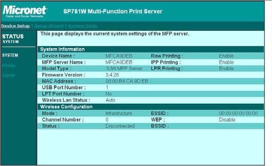 6.3 Device Setup 6.3.1 System System Information includes Device Name, MFP Server Name, Model