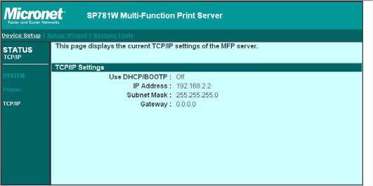 6.3.3 TCP/IP This page lists all TCP/IP settings of the MFP Server including IP