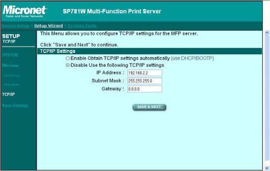 6.4.3 TCP/IP You can configure the MFP Server to automatically get IP from DHCP server or manually specify static IP.