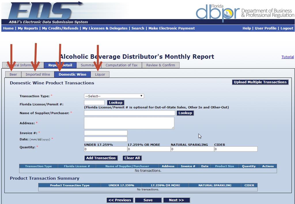 Entering the Report Detail The Alcoholic Beverage Distributor s Monthly Report contains each