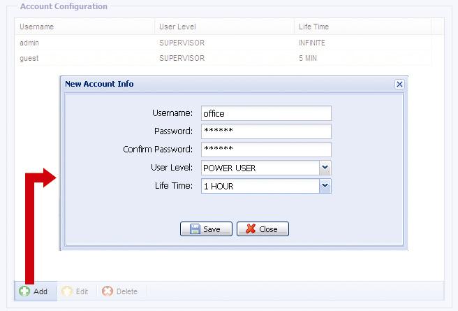 5 Account Note: This function is available only for Supervisor. You can create a new account with different user access privilege, or delete or modify an existing account setting.