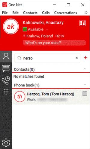 Contacts Contacts Finding someone in the phone book You can access your organisation's phone book using the One Net app. When you find someone in the phone book, you can start a call or a chat.