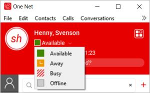 Availability Availability The top of your One Net app window shows your availability to call or chat with your friends. It is displayed as a flag and description.