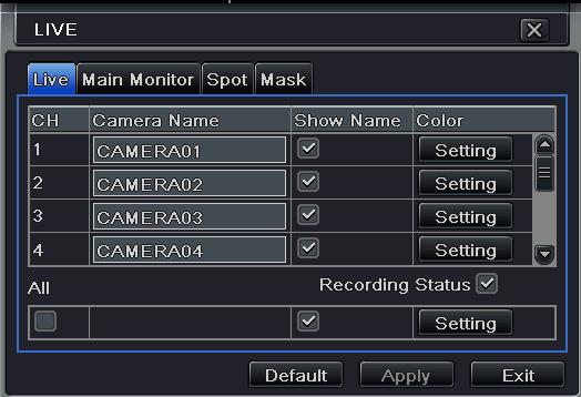 click OK button to save the setting. Step4: Select All to setup all channels with the same parameters.