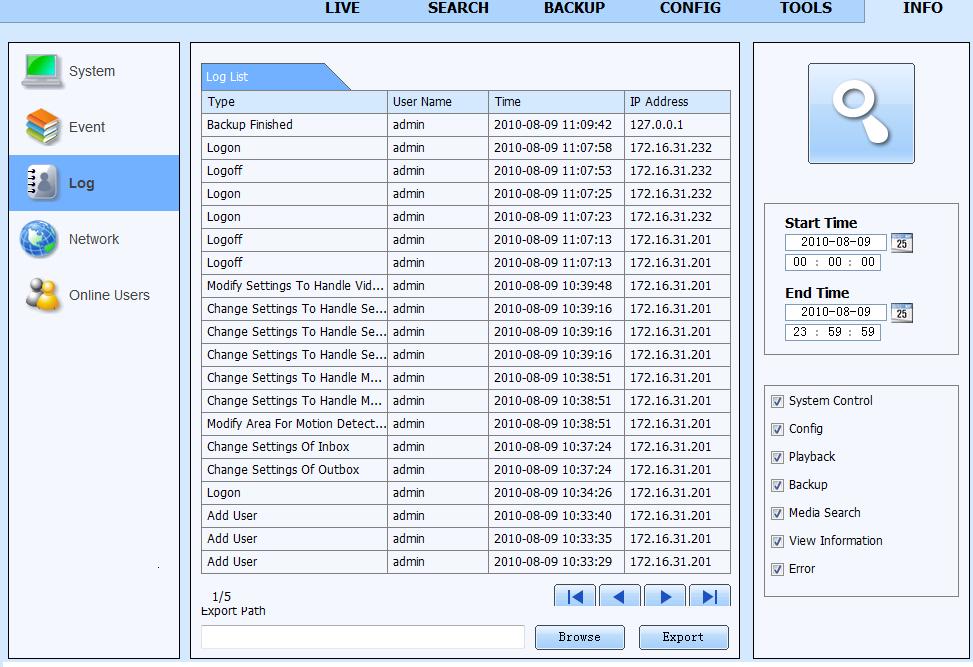 also format the HDD remotely. 7.7 Remote Management The Info tab provides a web based interface to access the general information pertaining to the DVR s settings.