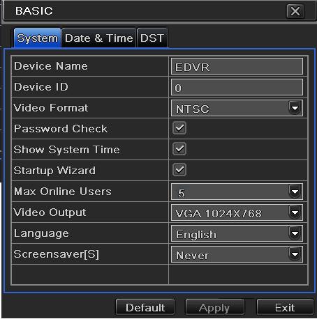 Fig 4-3 basic configuration-basic Step2: in this interface user can setup the device name, device ID, video format, max online users, Video Output and language, Screensaver and so on.