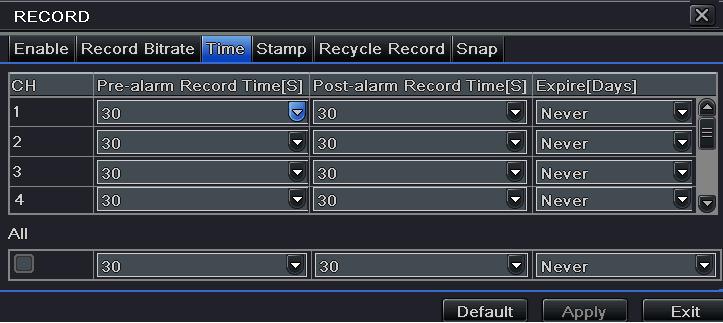 Fig 4-13 record configuration-time 4.3.4 Stamp Stamp:User can overlap the channel name and time stamp on video.