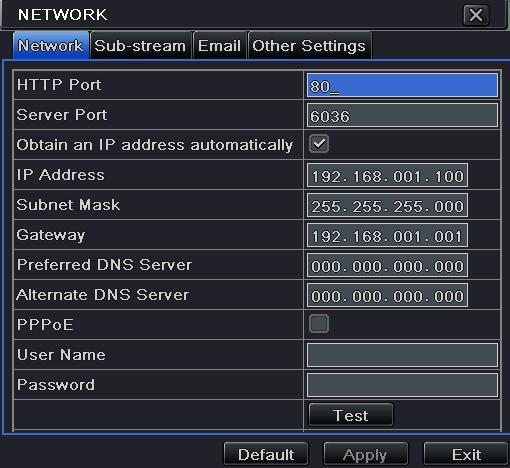 Fig 4-29 network configuration-network Step2: HTTP port: the default value is 80. If the value changed, user needs to add the port number when typing IP address in IE address blank.i.e. set HTTP port to 82, IP address: http://192.