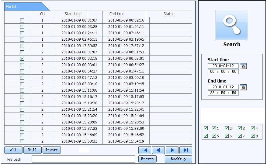 Fig 7-10 remote backup interface Step1: select channels, set the start and end time, then click search button, the file information will be displayed in the file list