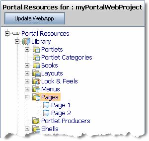 In the Portal Resources tree for myportalwebproject, expand the Library node in the tree to display the pages, as shown in