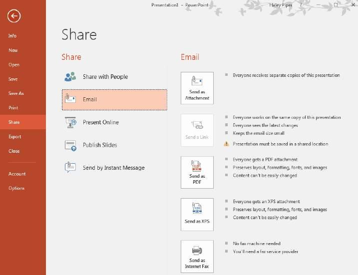 Send via Email You can now compress your PowerPoint file in order to send it via email.