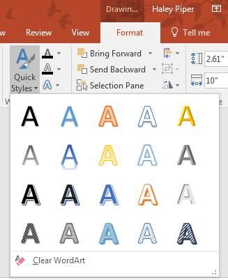 Apply a WordArt Style A WordArt Style will automatically apply several effects to your text at once. You can then refine the look of your text by adding or modifying text effects.