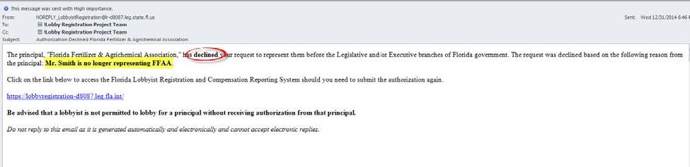 18. Below are two emails to the lobbyist: one in which the principal authorizes the lobbyist, and the other