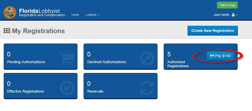 From your home page, click the Pay button that is contained in the Authorized Registrations tile. 20.