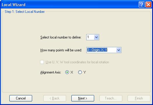 5. The EPSON RC+ 6.0 GUI Using the Local Wizard to teach a three point local 1. Open the Robot Manager and click on Locals to show the Locals page. 2. Click the Local Wizard button.