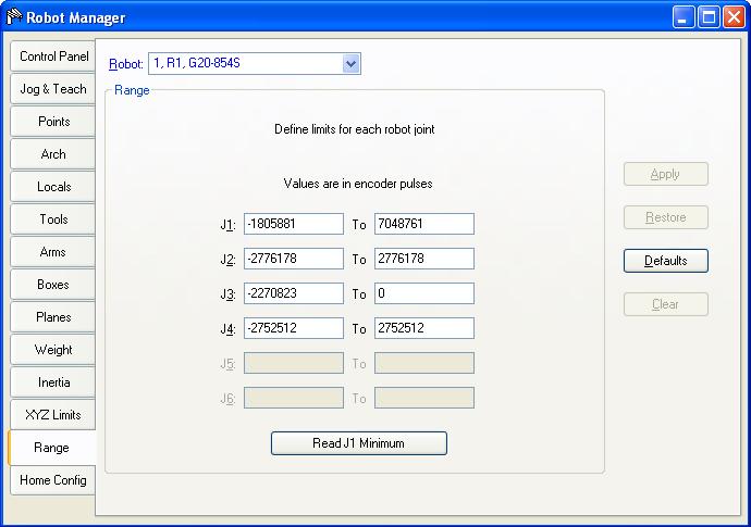 5. The EPSON RC+ 6.0 GUI Tools: Robot Manager: Range Page This page allows you to configure the robot joint software limits.