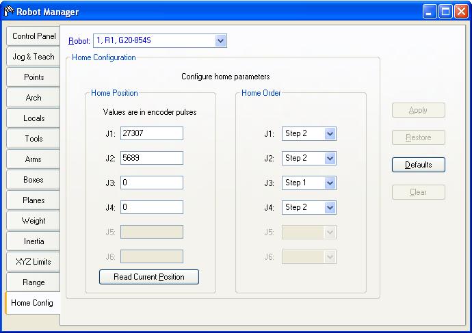 5. The EPSON RC+ 6.0 GUI Tools: Robot Manager: Home Config Page Home Config allows you to configure the optional user home position.