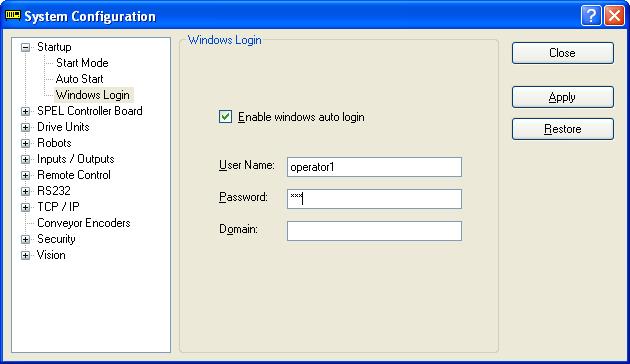5. The EPSON RC+ 6.0 GUI Setup: System Configuration: Startup: Windows Login Page The Windows Login page allows you to configure the automatic login when Windows starts.