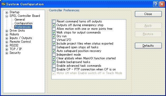 5. The EPSON RC+ 6.0 GUI Setup: System Configuration: SPEL Controller Board: Preferences Page This page contains controller preference settings.