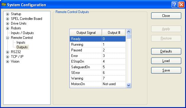 5. The EPSON RC+ 6.0 GUI Setup: System Configuration: Remote Control Outputs Page Use this page to configure the controller remote control outputs.