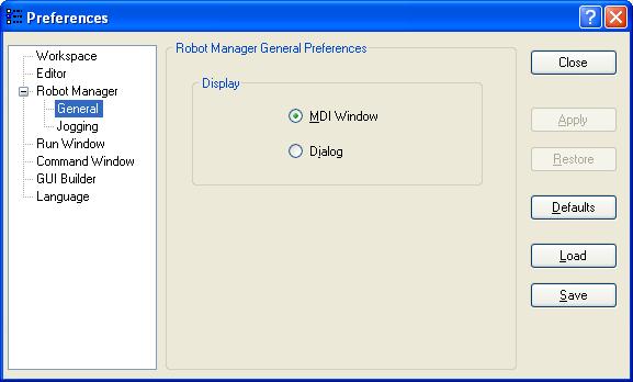 5. The EPSON RC+ 6.0 GUI Setup: Preferences: Robot Manager: General Page This page lets you configure your preferences for the Robot Manager.