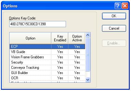 5. The EPSON RC+ 6.0 GUI 5.12.3 Options Command (Setup Menu) This dialog allows you to view and enable options in the controller. EPSON RC+ 6.0 uses a key that is stored in the Spel controller board to enable options on the system.