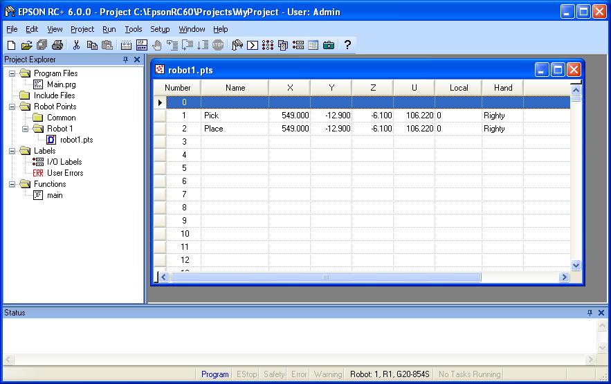 7. Building SPEL+ Applications The robot points spread sheet window Click here to select a line. The spreadsheet window contains one row for each point in the file.