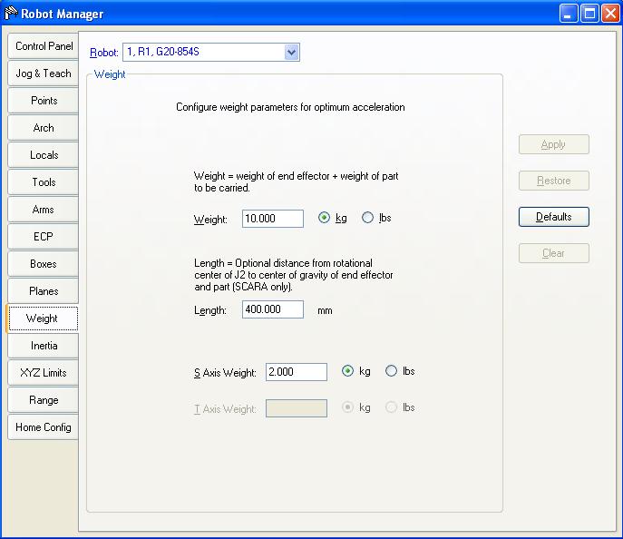 Tools: Robot manager: Weight Page This page is for changing the Weight parameters for the robot.