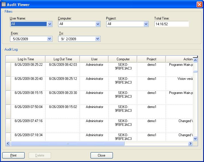 14. Security 14.4 Security Audit Viewer When the Security Option is enabled, EPSON RC+ 6.0 will keep track of who logs into the system and actions performed.