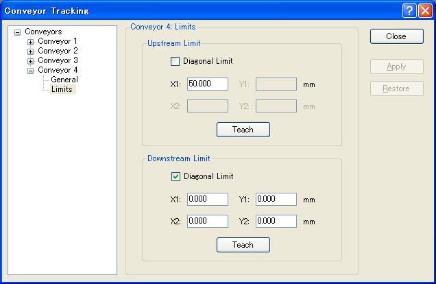 15. Conveyor Tracking To set the diagonal downstream limit, check the <Diagonal Limit> check box in the [Downstream Limit] area and click Apply. The following dialog appears.