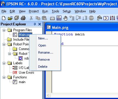 5. The EPSON RC+ 6.0 GUI 5.2 Project Explorer Pane The Project Explorer pane enables you to quickly open any file in the current project or jump to any function.