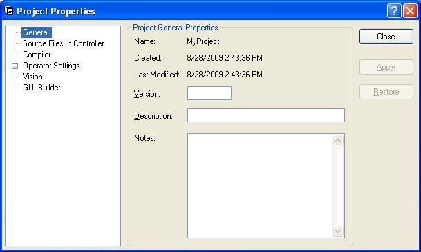 5. The EPSON RC+ 6.0 GUI 5.9.14 Properties Command (Project Menu) Project: Properties: General Page Use this page to view and edit general properties for the current project.