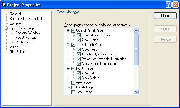 5. The EPSON RC+ 6.0 GUI Project: Properties: Operator Settings: Robot Manager Page Use this page to configure the Robot Manager for operators.