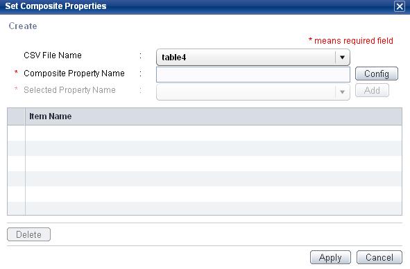Creating composite item properties GUI Option CSV File Name Composite Property Name Config [button] Selected Property Name Add [button] Item Name List Delete [button] Apply [button] Cancel [button]