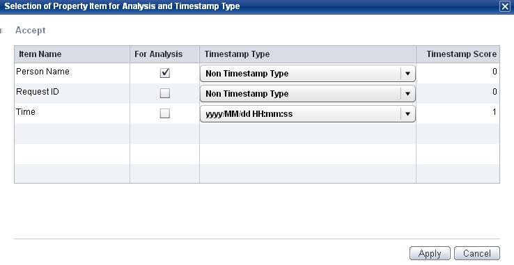 GUI Option Item Name For Analysis Timestamp Type Displays the composite items in the selected CSV file Select this check box to use the property for analysis Select the timestamp type.
