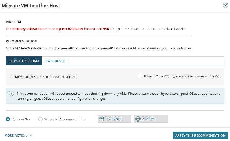 3. Click the NOW recommendation. In this example, the VM host stp-esx-02.lab.tex has reached 95% memory consumption.