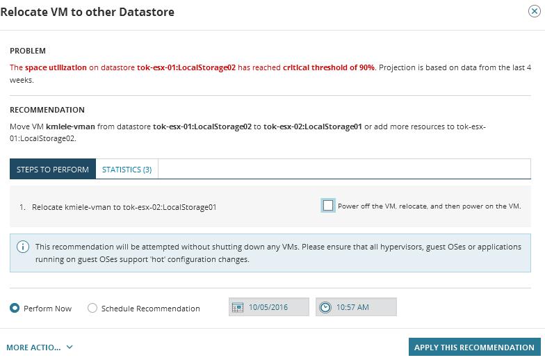 3. Select the recommendation "The space utilization on datastore tok-esx-01:localstorage02 has reached critical threshold." In the image below, the kmiele-vman is overwhelming the smaller datastore.