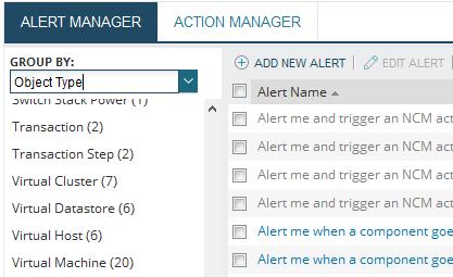 1. Click Alerts & Activity > Alerts, click Manage Alerts. 2. Select Object Type from the Group By drop-down menu.