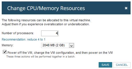 3. To free up CPUs, click Change CPU/Memory Resources for a virtual system. A recommended amount of CPUs is listed based on usage.