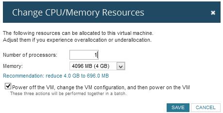 7. To free up memory, click Change CPU/Memory Resources for a virtual system. A recommended amount of CPUs is listed based on usage.